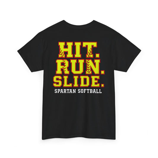 Hit. Run. Slide. Spartan Softball Gildan Tee