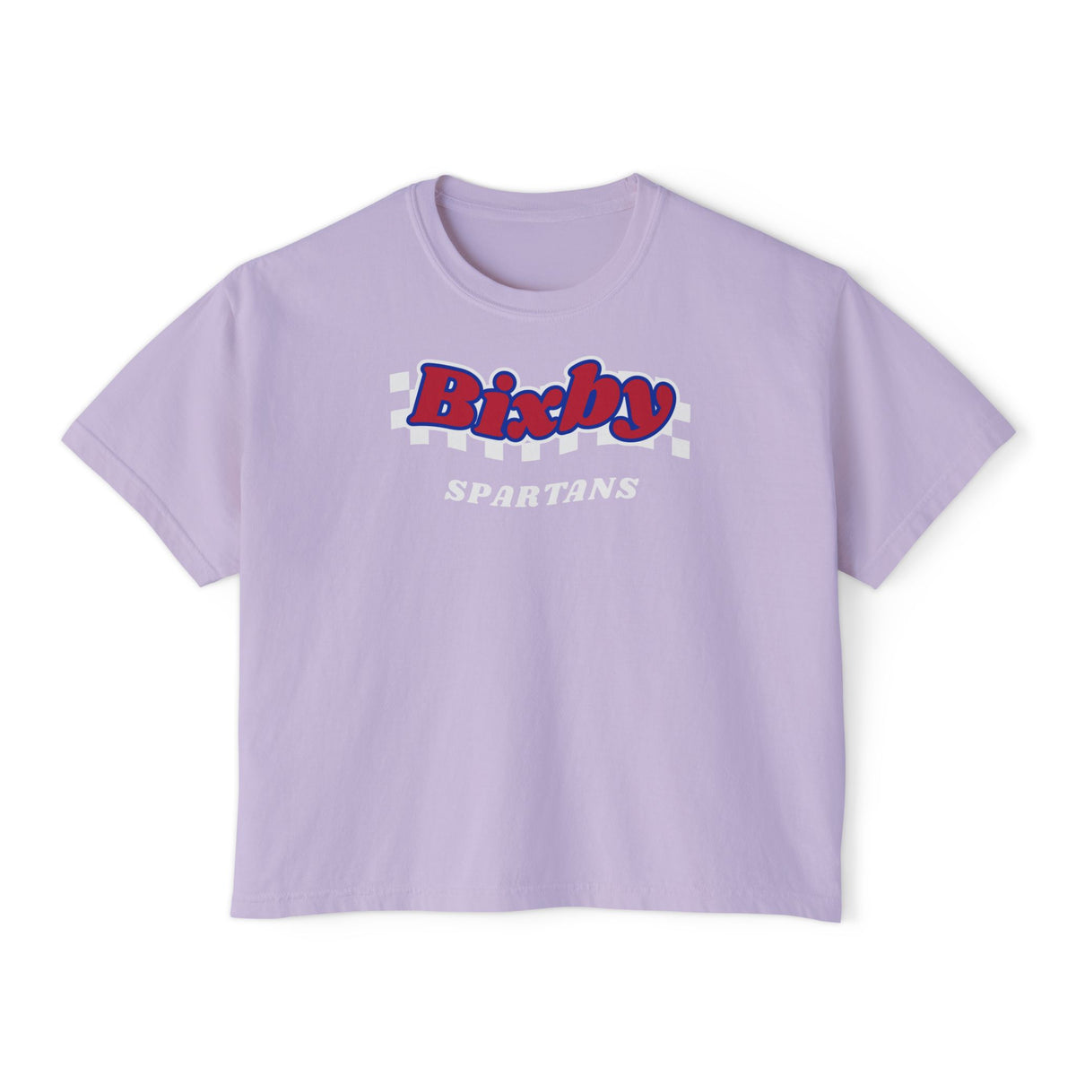Bixby Spartans White Checker Retro Logo Women's Boxy Tee – Game Day Shirt