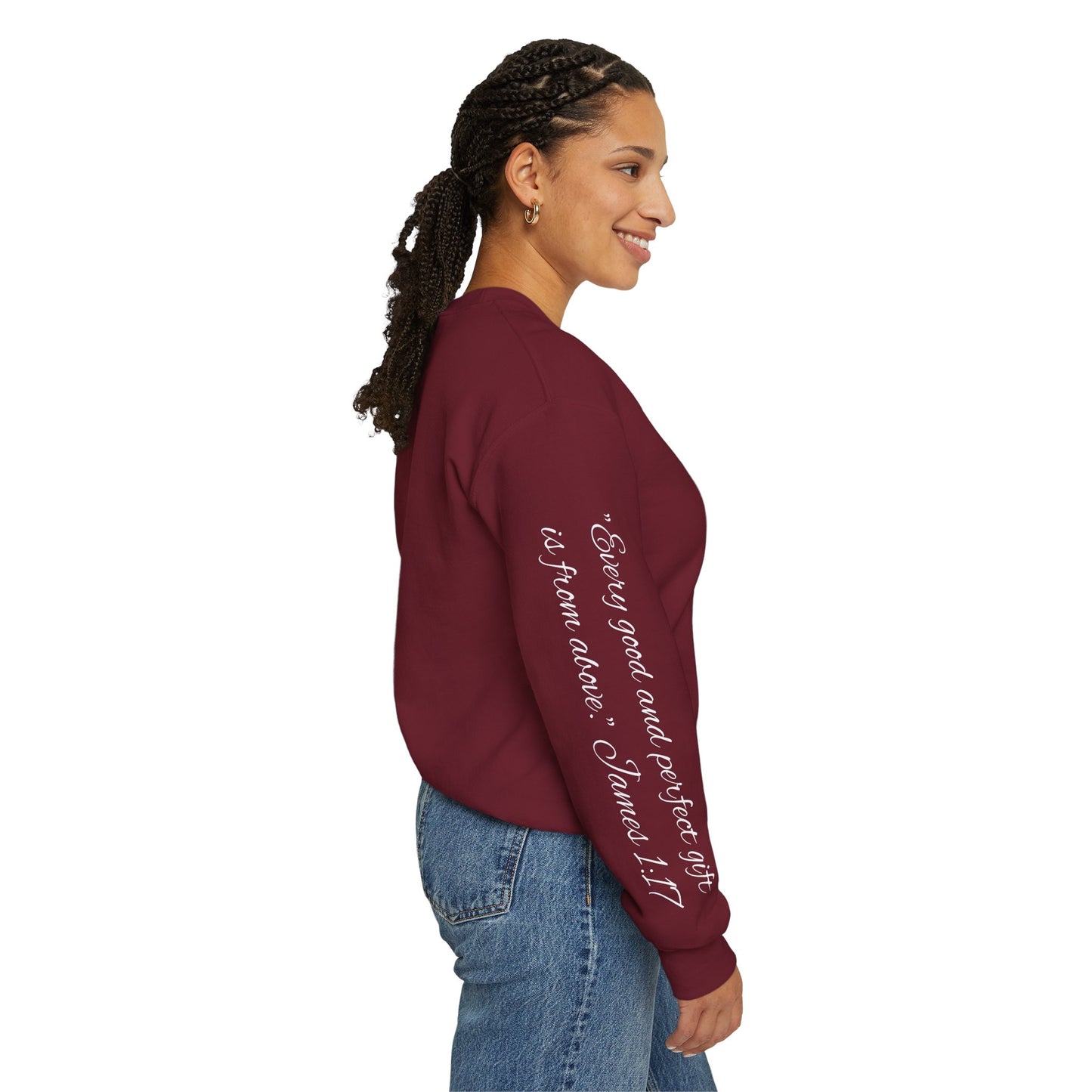 Spartan Santa Gildan Sweatshirt With James 1:17 "Every Good and Perfect Gift" Sleeve Print