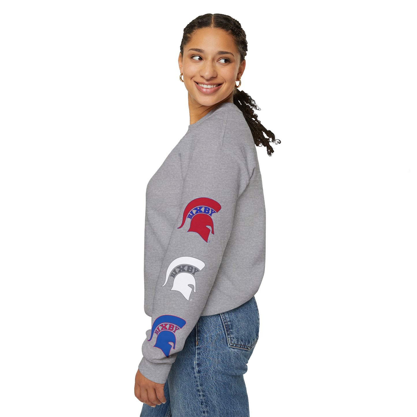 Spartan Logo Red White & Blue Gildan Sleeve Print Sweatshirt