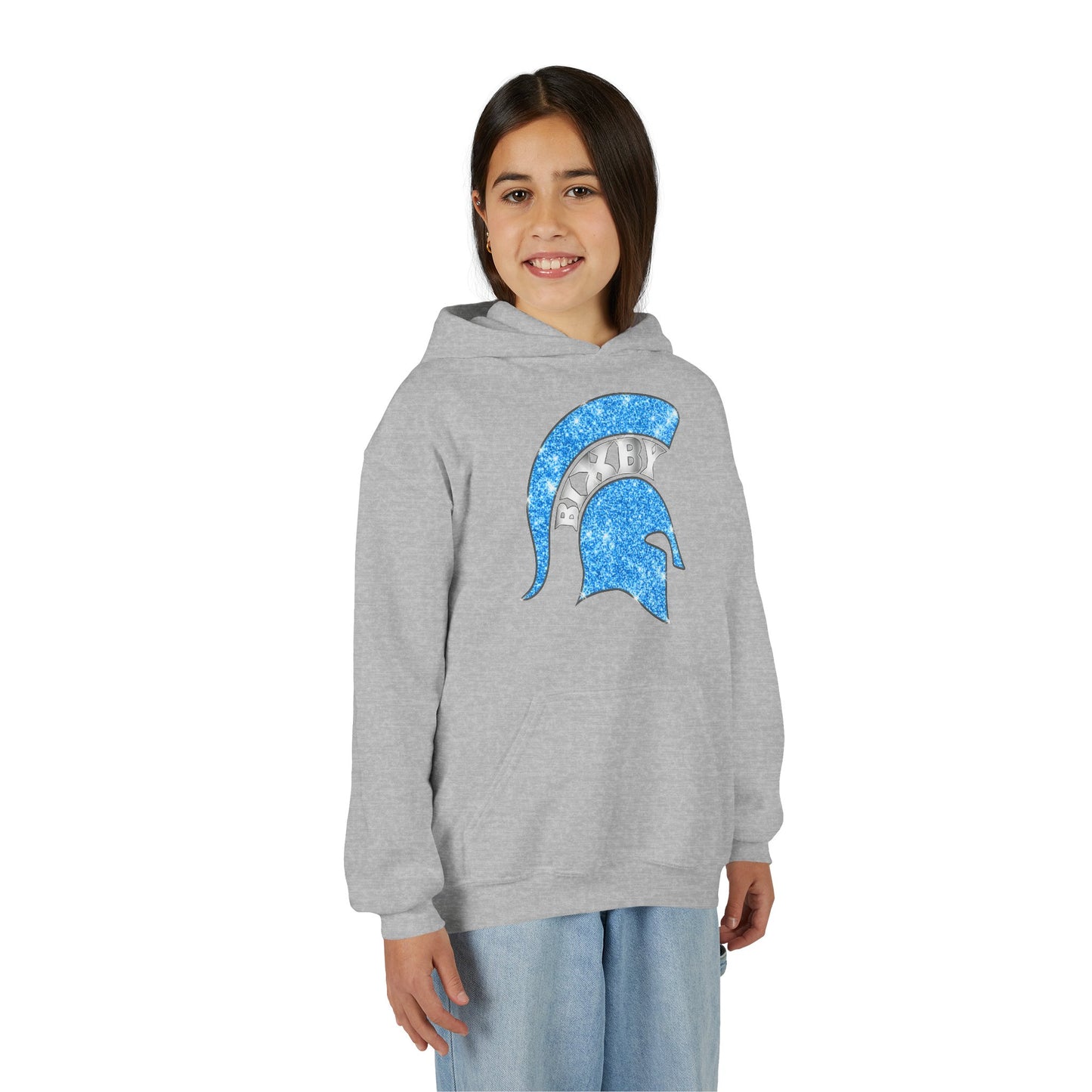 Bixby Spartan Blue Helmet Bling Youth Gildan Hoodie