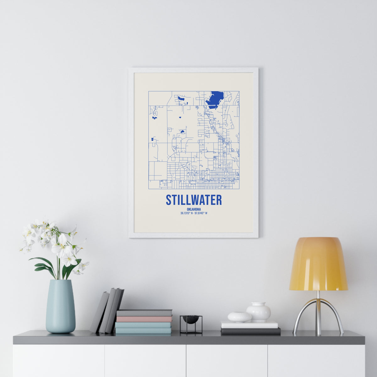Stillwater Street Map Framed Print, Royal Blue on Cream