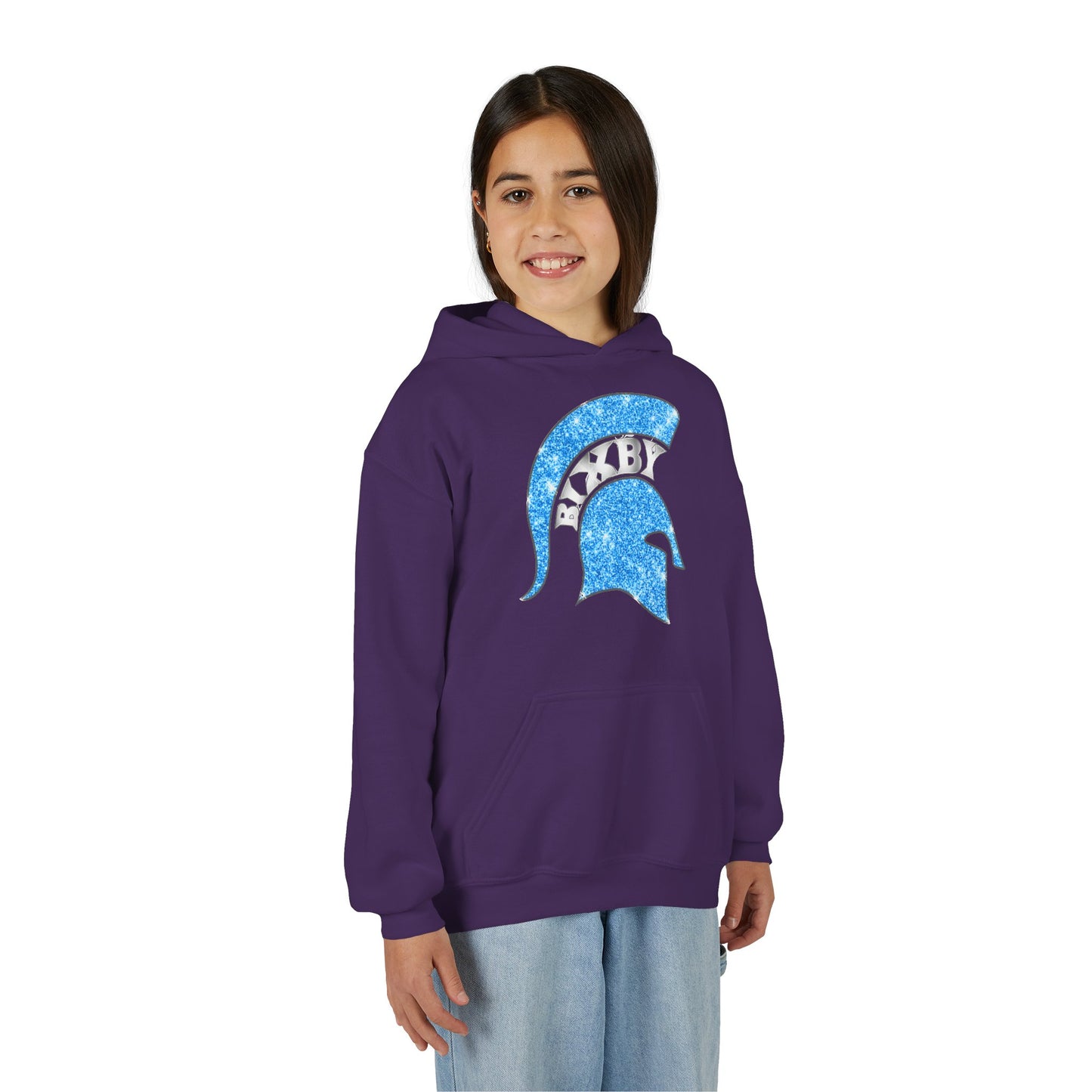 Bixby Spartan Blue Helmet Bling Youth Gildan Hoodie