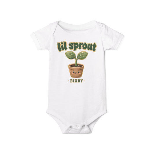 Baby bodysuit printed with lil sprout.