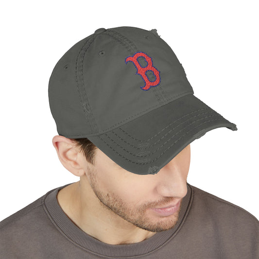 Distressed Embroidered Dad Hat Vintage Red & Blue “B” Baseball Cap
