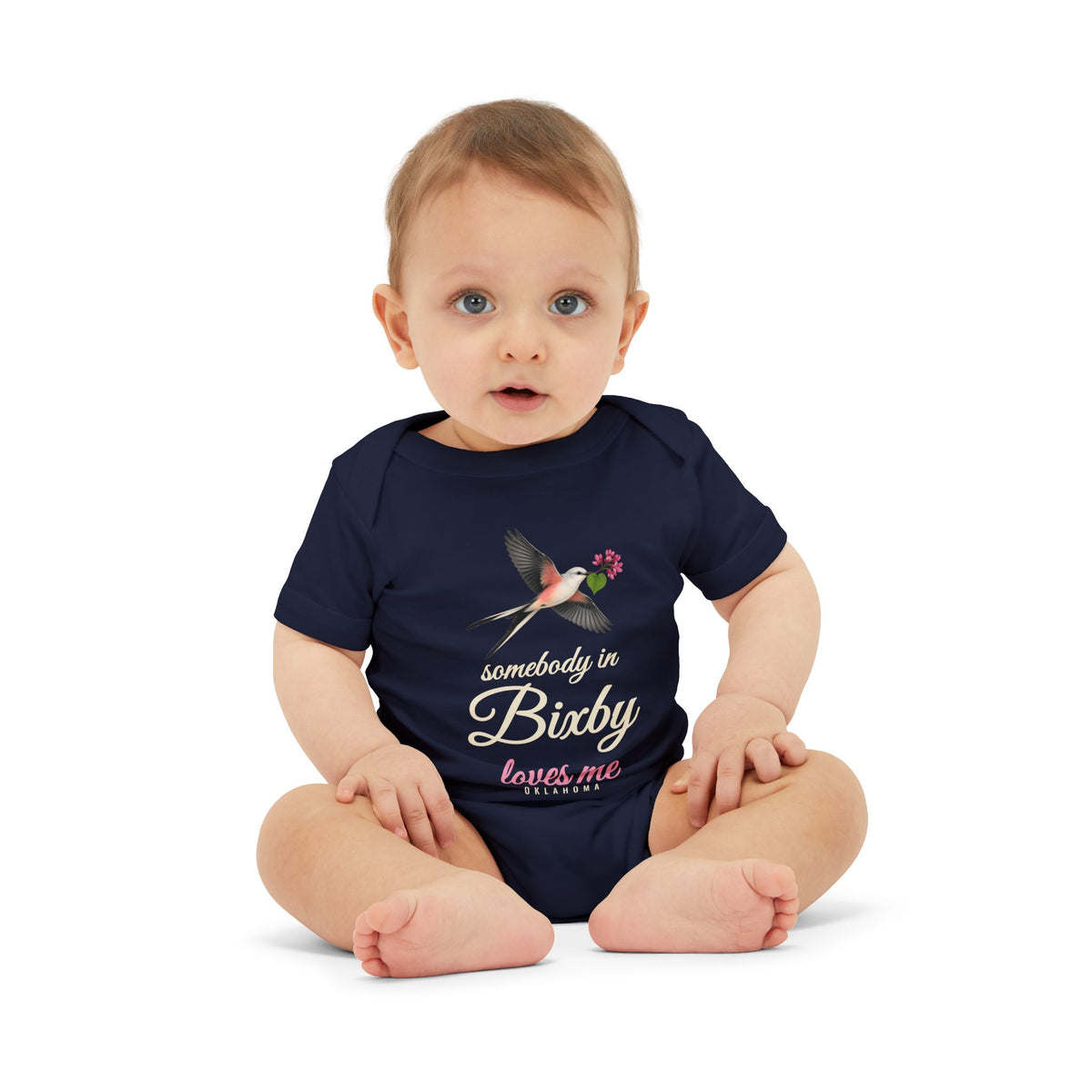 Somebody in Bixby Loves Me Baby Bodysuit, Navy, worn on baby