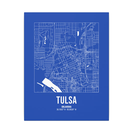 Tulsa Street Map Canvas, White on Royal Blue