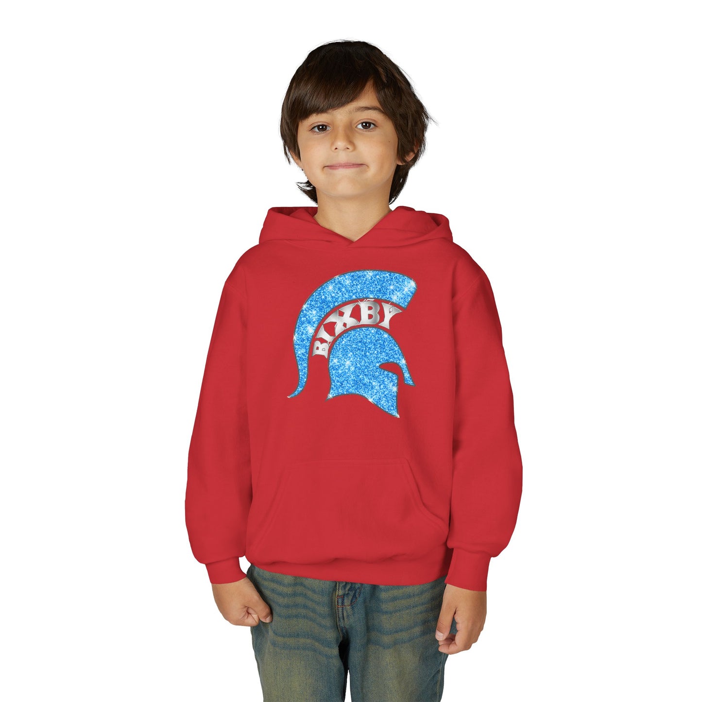 Bixby Spartan Blue Helmet Bling Youth Gildan Hoodie