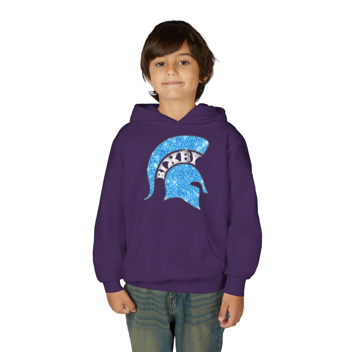 Bixby Spartan Blue Helmet Bling Youth Gildan Hoodie