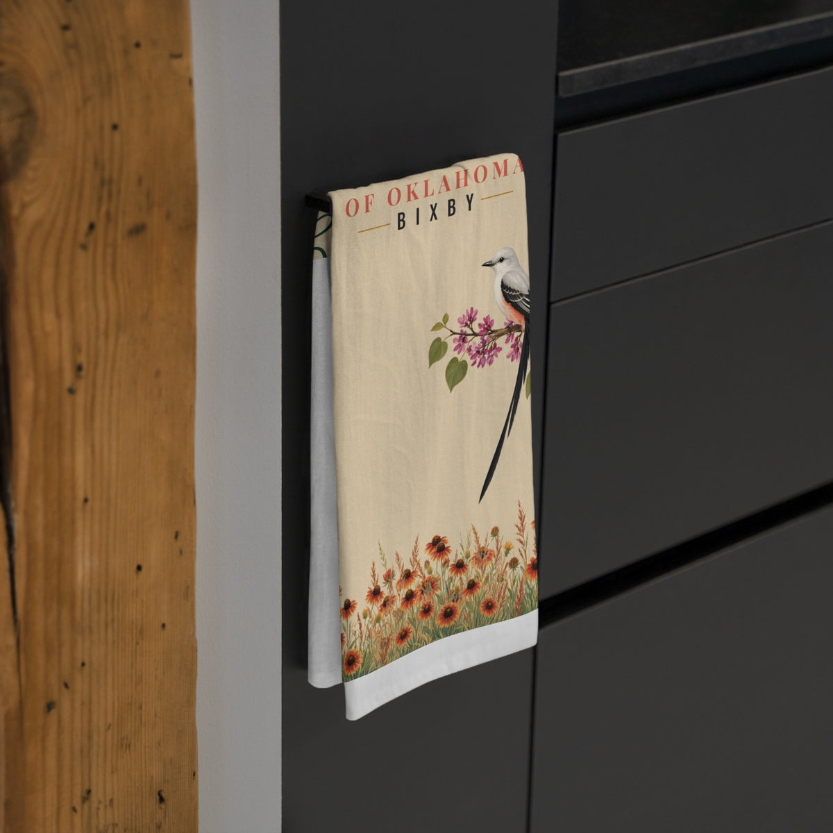Bixby Oklahoma Tea Towel | Scissortail and Wildflower Flour Sack | Garden Spot Hostess Gift