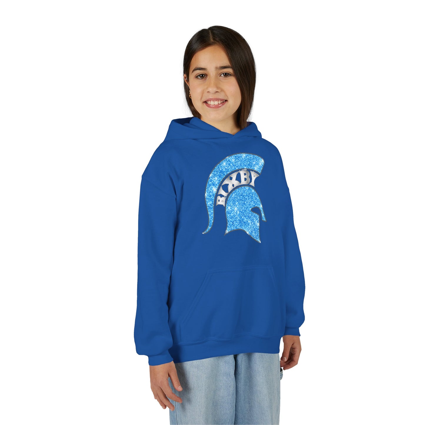 Bixby Spartan Blue Helmet Bling Youth Gildan Hoodie