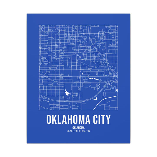 Oklahoma City Street Map Canvas, White on Royal Blue