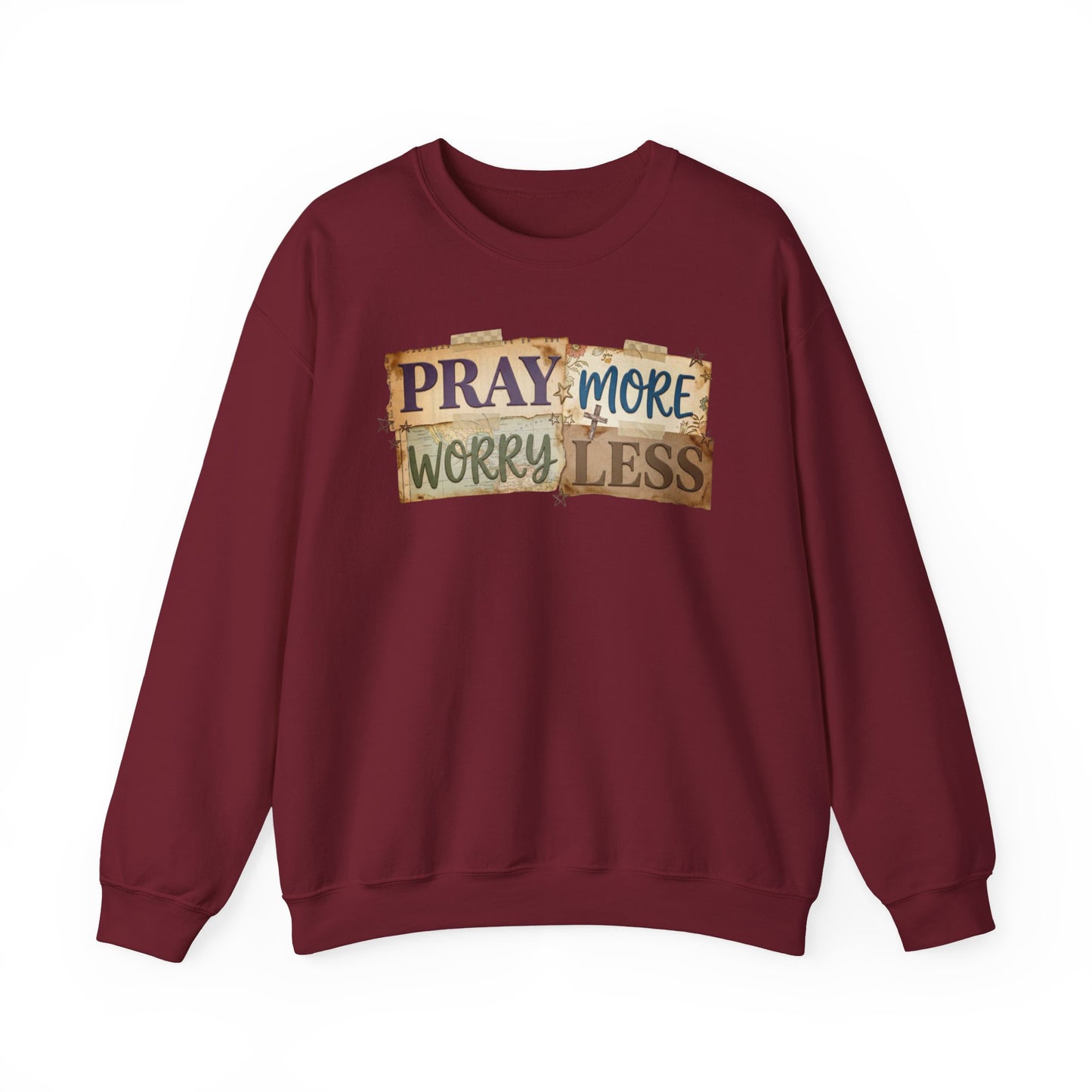 Pray More Worry Less Gildan Sweatshirt | Faith Christian Bible Verse Crewneck