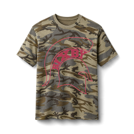 Bixby Spartans Camo Spartan Helmet - Pink Outline Military Graphic Tee