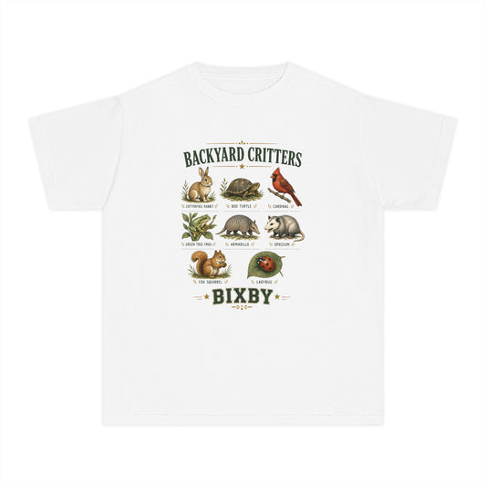 Youth tee printed with Backyard Critters.