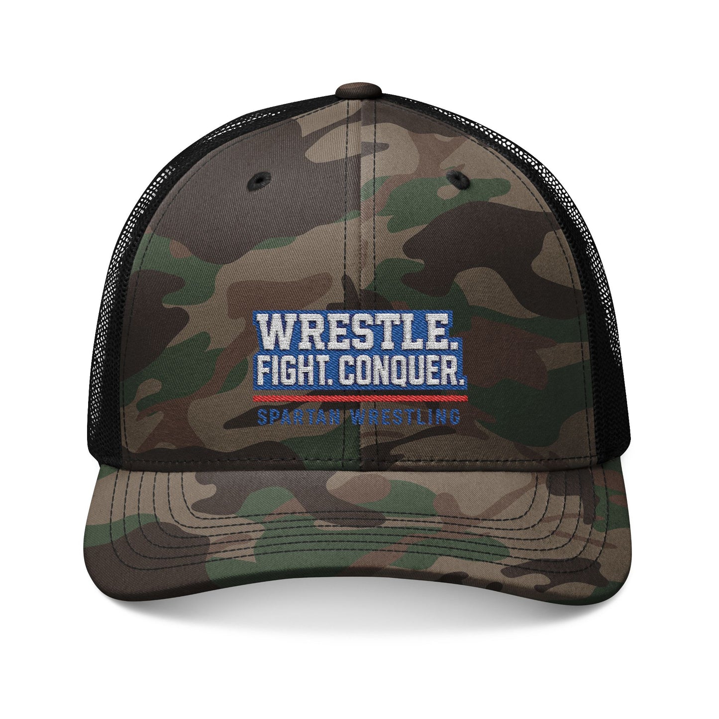 Bixby Wrestle. Fight. Conquer. Camouflaged Trucker Snapback