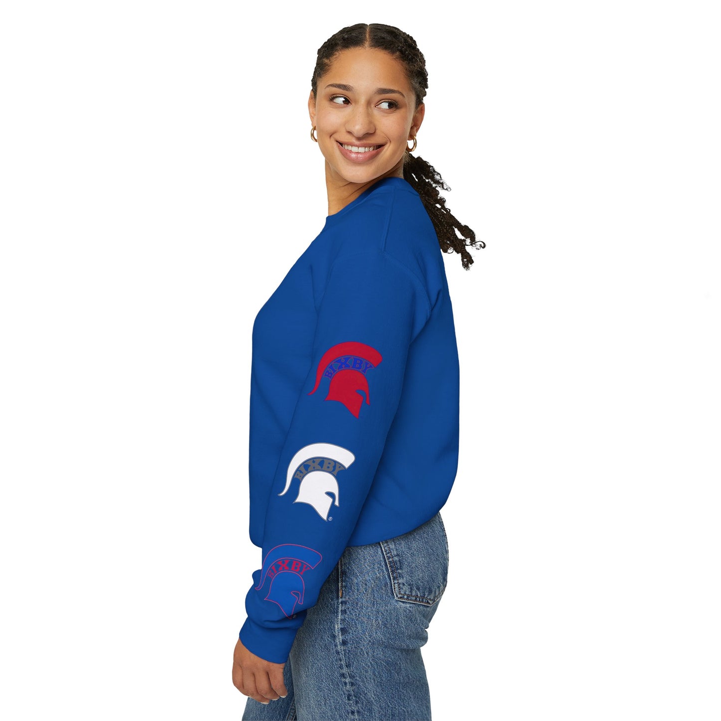 Spartan Logo Red White & Blue Gildan Sleeve Print Sweatshirt