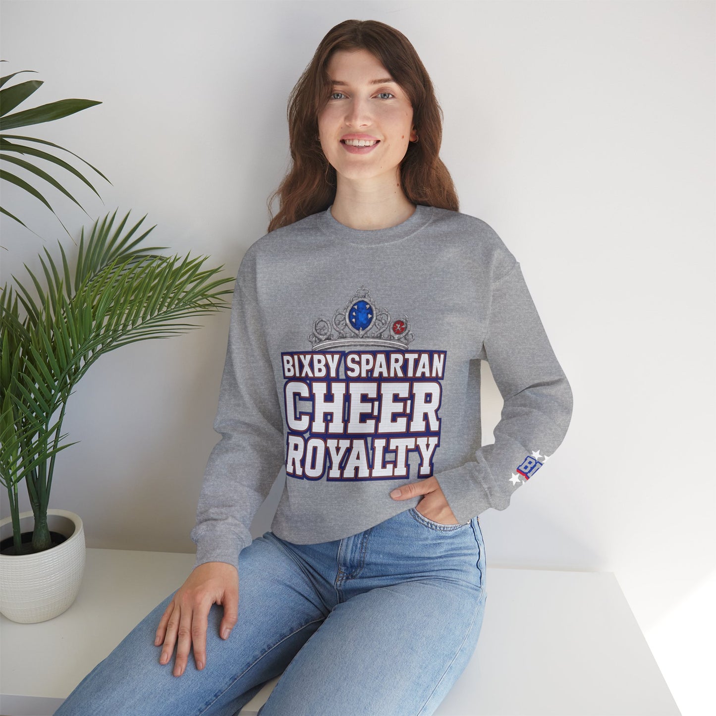 Bixby Spartan Cheer Royalty With Sleeve Print Gildan Sweatshirt