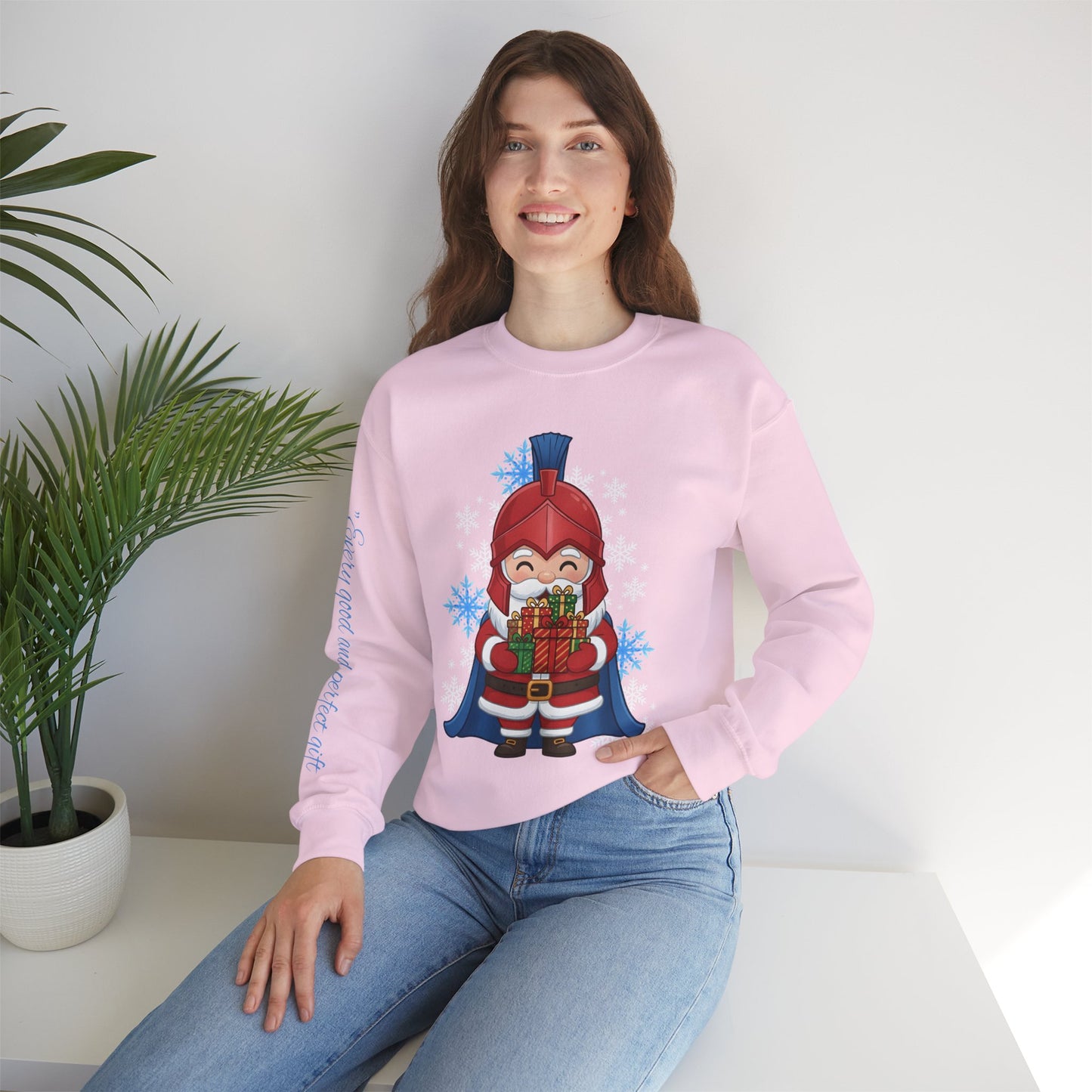 Spartan Santa Gildan Sweatshirt With James 1:17 "Every Good and Perfect Gift" Sleeve Print