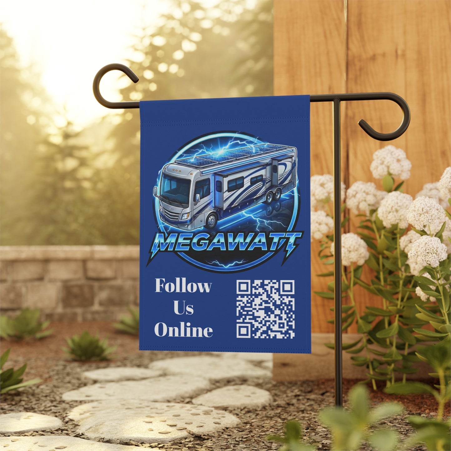 Megawatt RV Garden Flag — 'Follow Us Online' QR Code House Banner