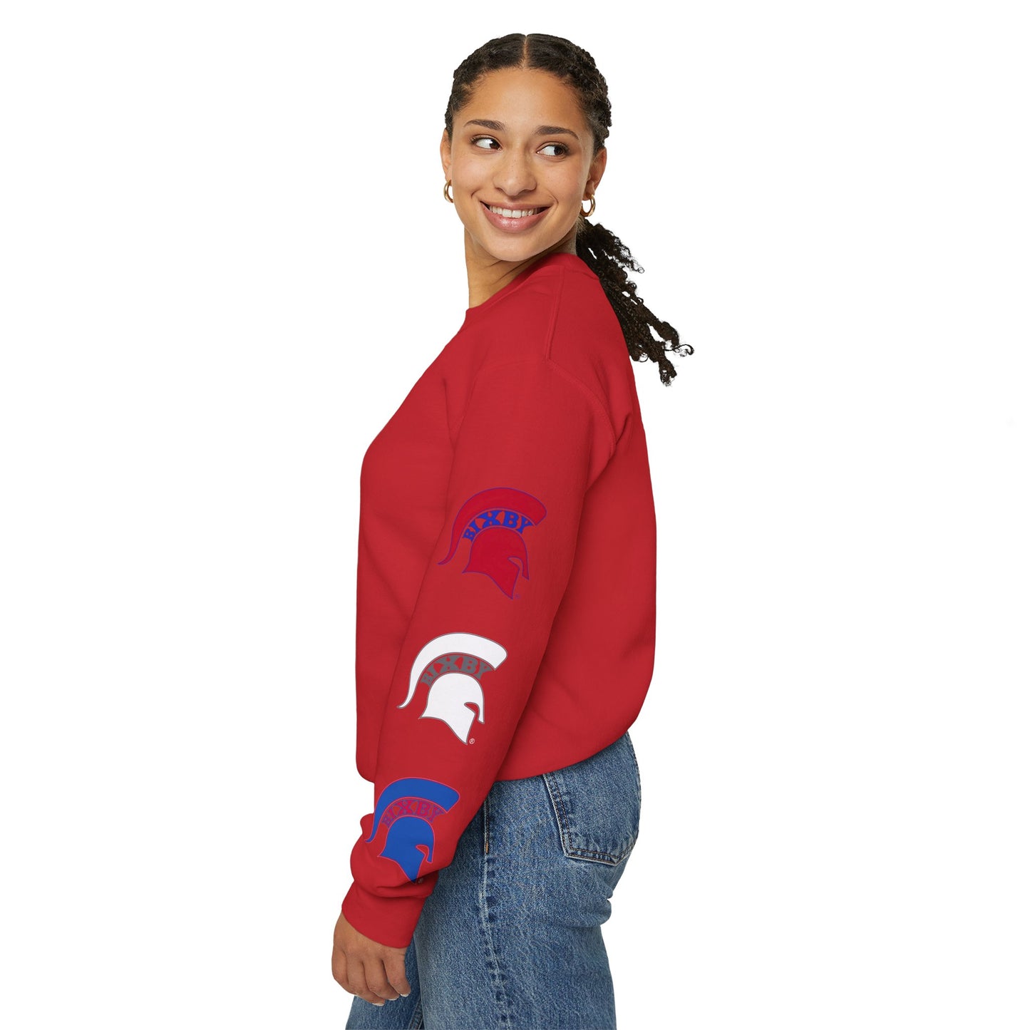 Spartan Logo Red White & Blue Gildan Sleeve Print Sweatshirt
