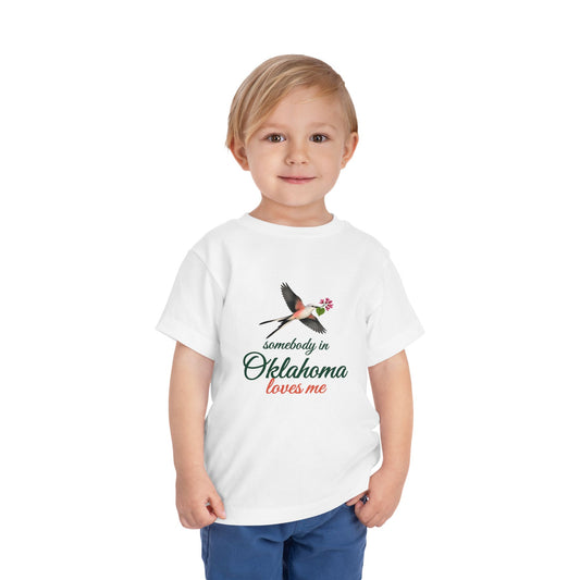 Somebody in Oklahoma Loves Me Toddler Shirt, Pink, worn on toddler