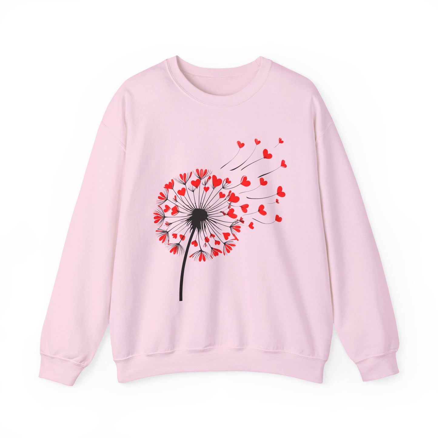 Dandelion Heart Breeze Sweatshirt – White Crewneck with Red Heart Seeds