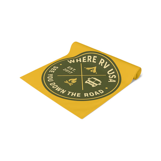 Where RV USA Round Logo Table Runner — Camping & Roadtrip Decor