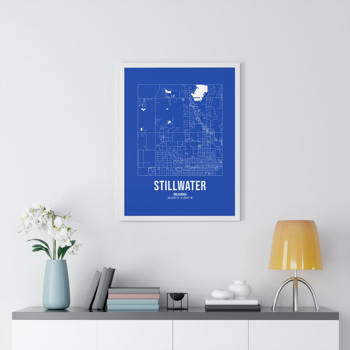 Stillwater Street Map Framed Print, White on Royal Blue