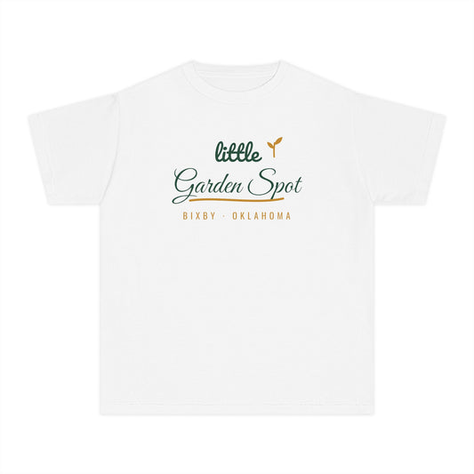 Youth tee printed with Little Garden Spot.