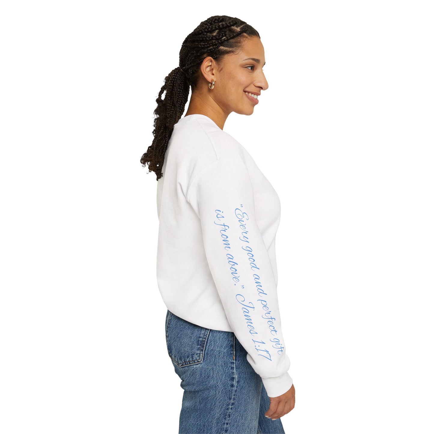 Spartan Santa Gildan Sweatshirt With James 1:17 "Every Good and Perfect Gift" Sleeve Print
