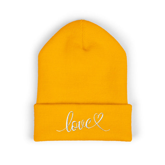 Embroidered Love Cuffed Beanie Cozy Knit Hat with Heart Script