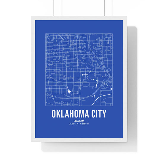 Oklahoma City Street Map Framed Print, White on Royal Blue