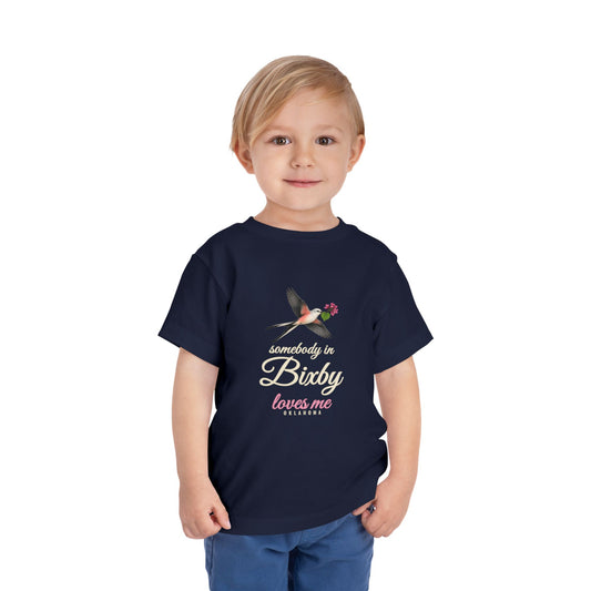 Somebody in Bixby Loves Me Toddler Shirt, Navy, worn on toddler