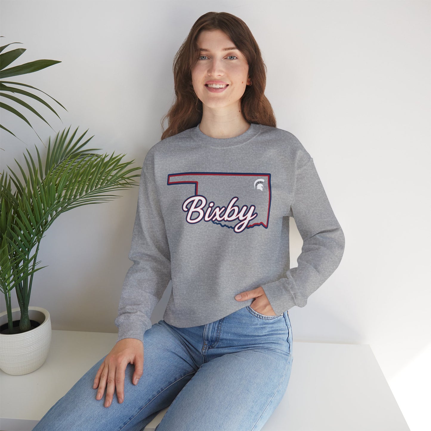 Bixby OK White Spartan Logo Gildan Sweatshirt