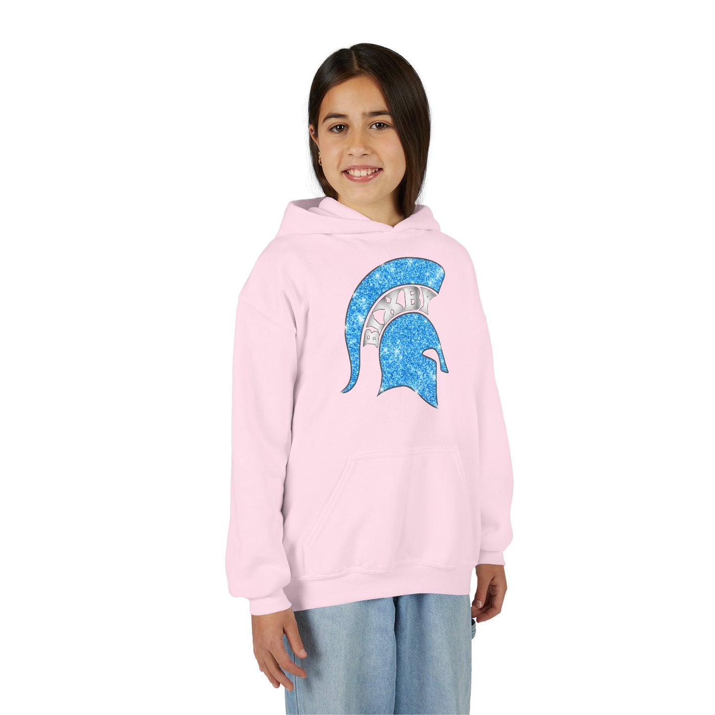 Bixby Spartan Blue Helmet Bling Youth Gildan Hoodie
