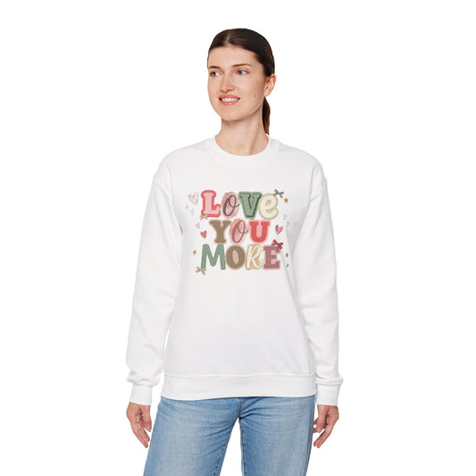 Love You More Crewneck Gildan Sweatshirt | Retro Heart Typography, Pastel Colors