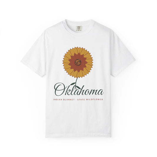 Tee printed with Indian Blanket Garden Script Oklahoma.