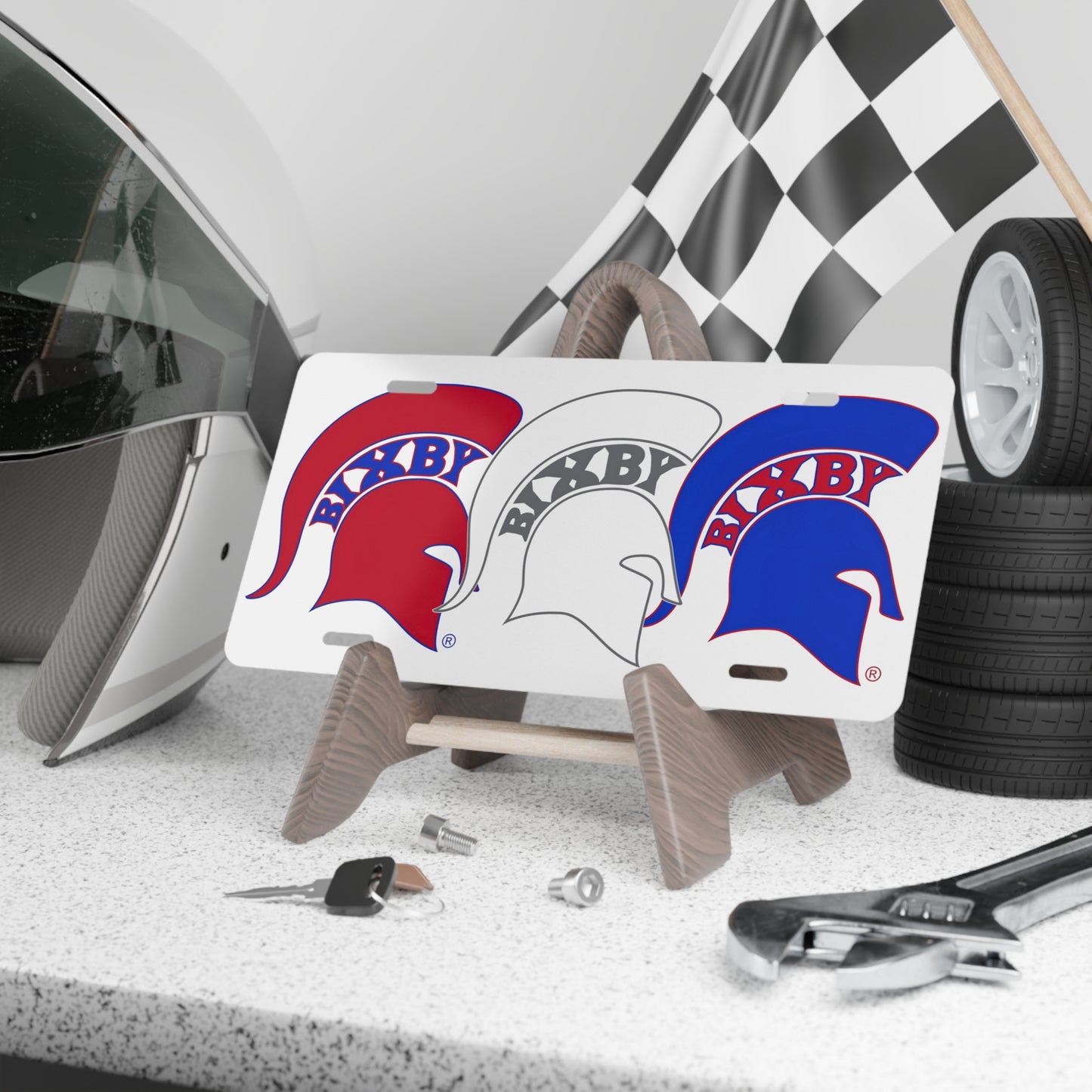 Bixby Spartan Logo Red White and Blue Vanity Plate