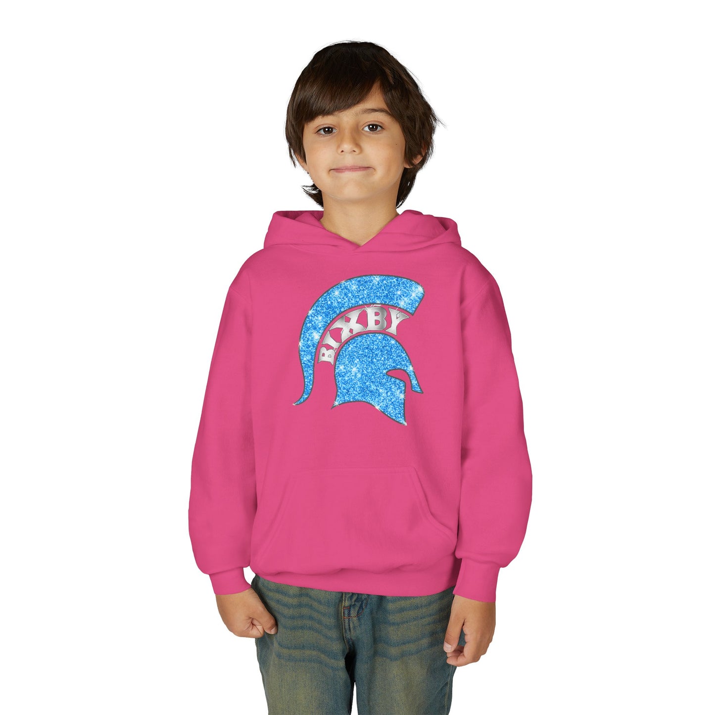 Bixby Spartan Blue Helmet Bling Youth Gildan Hoodie