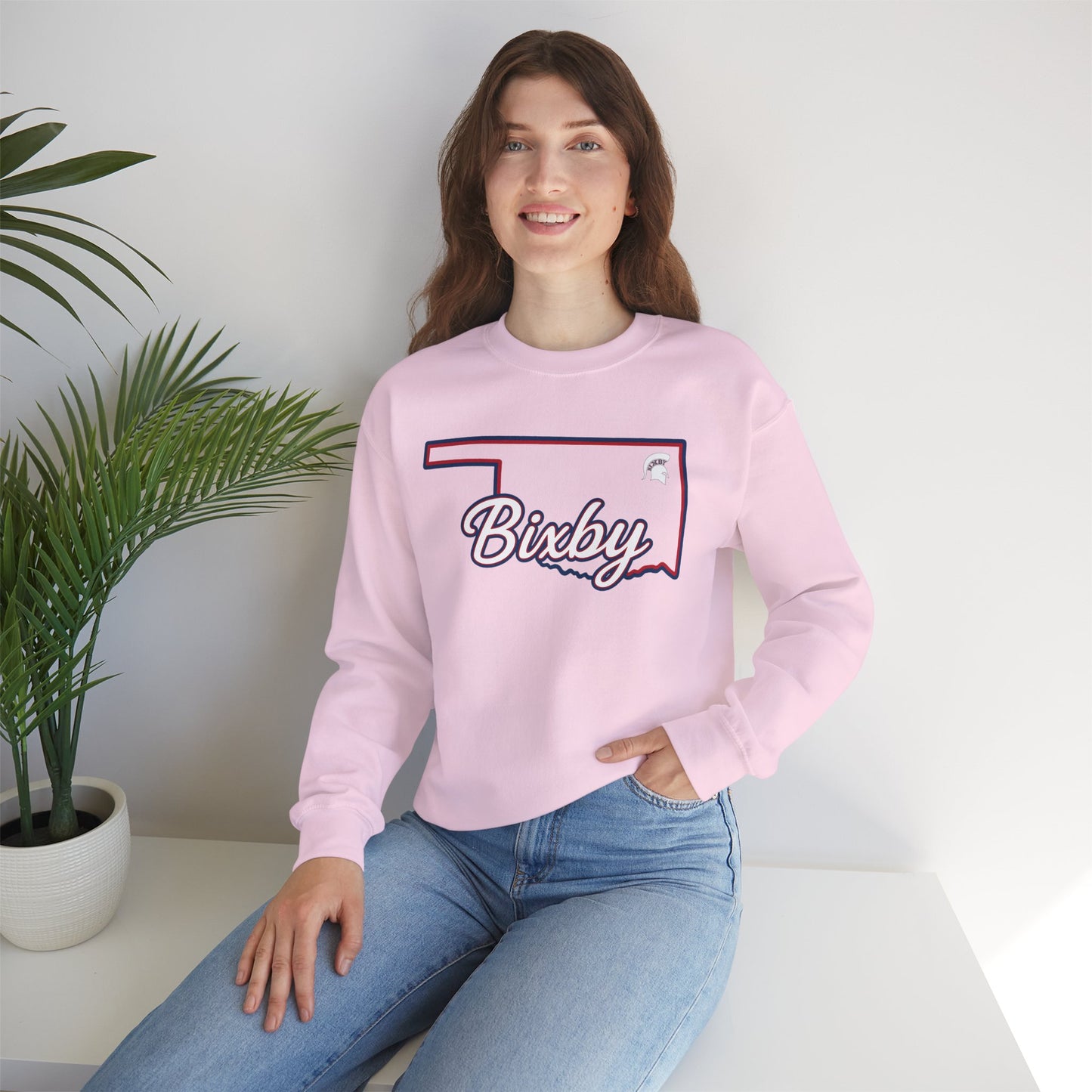 Bixby OK White Spartan Logo Gildan Sweatshirt