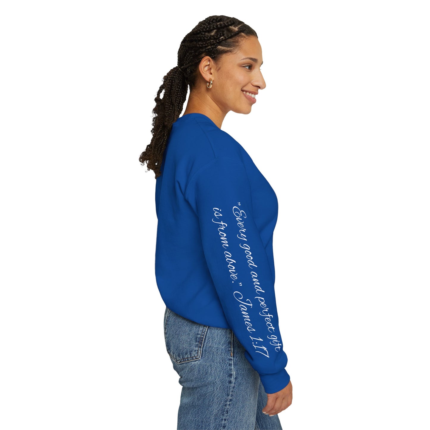 Spartan Santa Gildan Sweatshirt With James 1:17 "Every Good and Perfect Gift" Sleeve Print