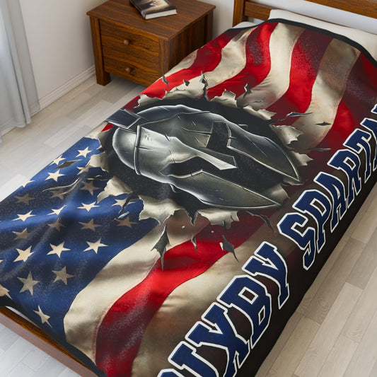 Bixby Spartans Velveteen Plush Blanket — Valor • Pride • Community with American Flag and Spartan Helmet