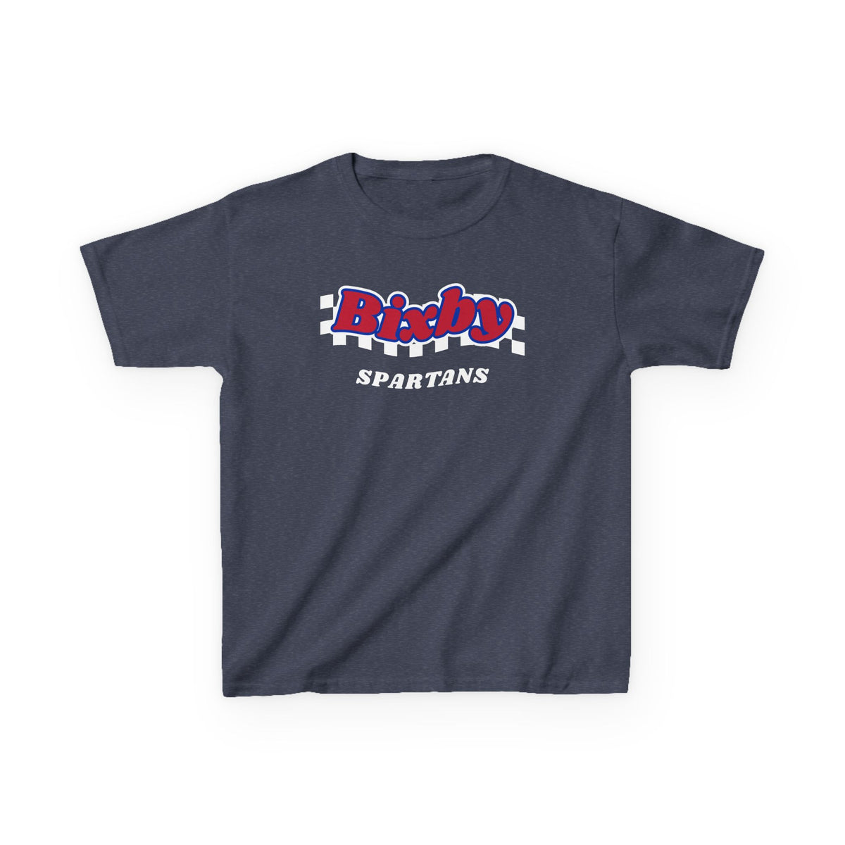 Bixby Spartans Retro Script Checkered Youth Tee – Kids Red, White & Blue Game Day Shirt