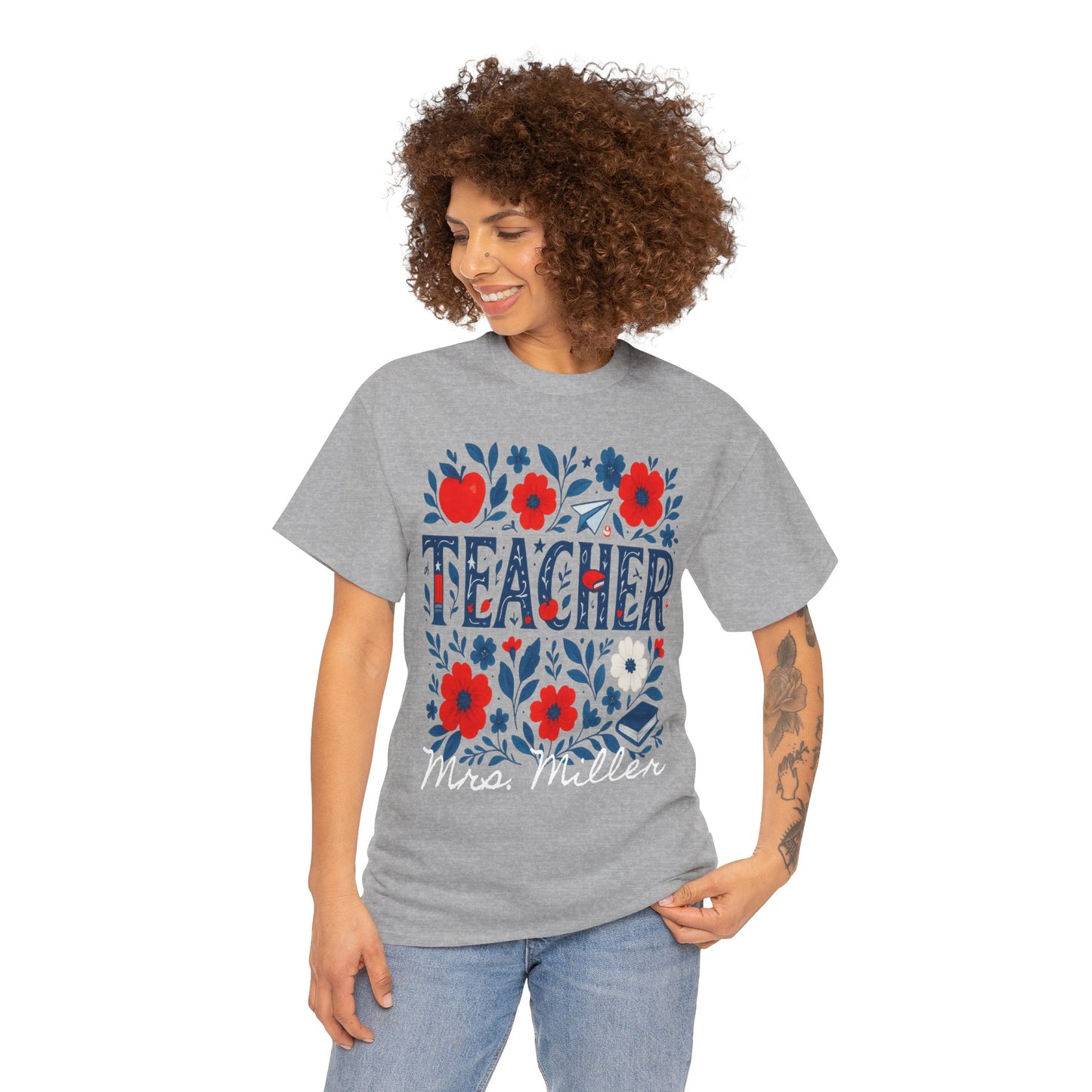 Floral Teacher Personalized Spartan Gildan Tee