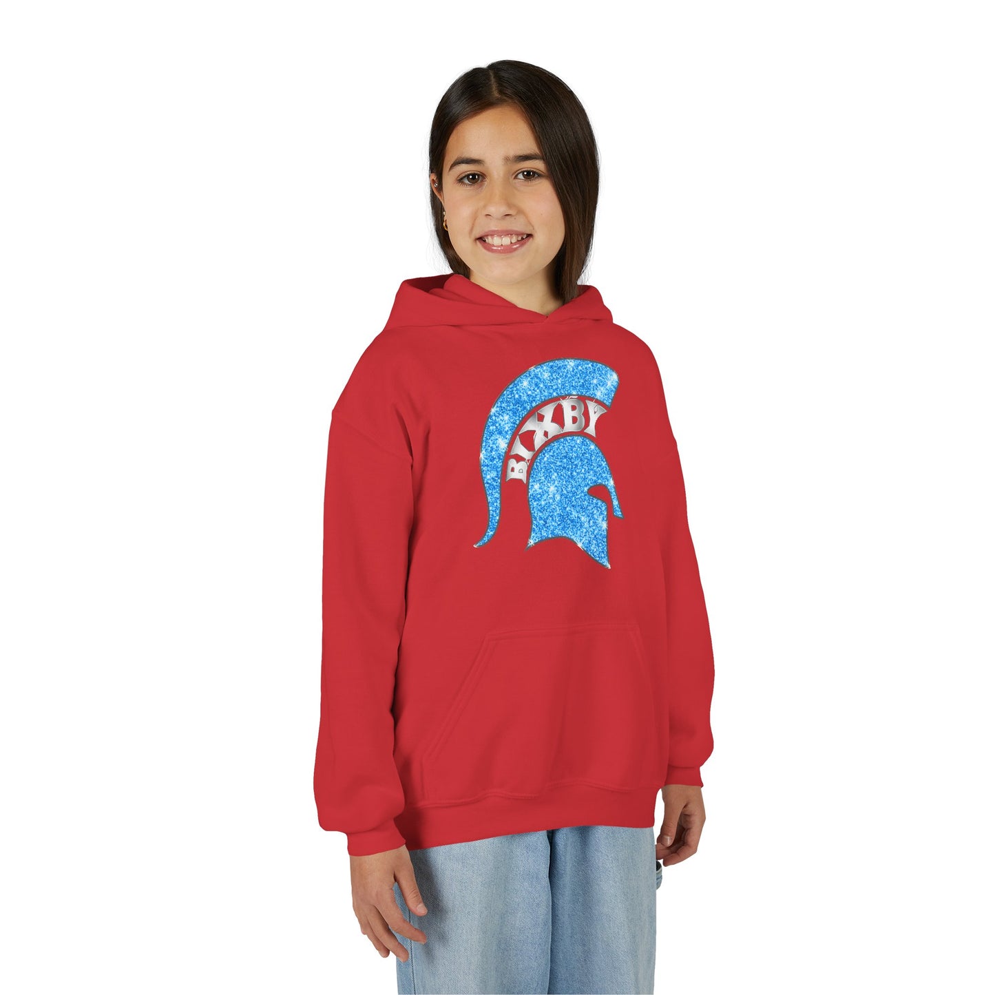 Bixby Spartan Blue Helmet Bling Youth Gildan Hoodie
