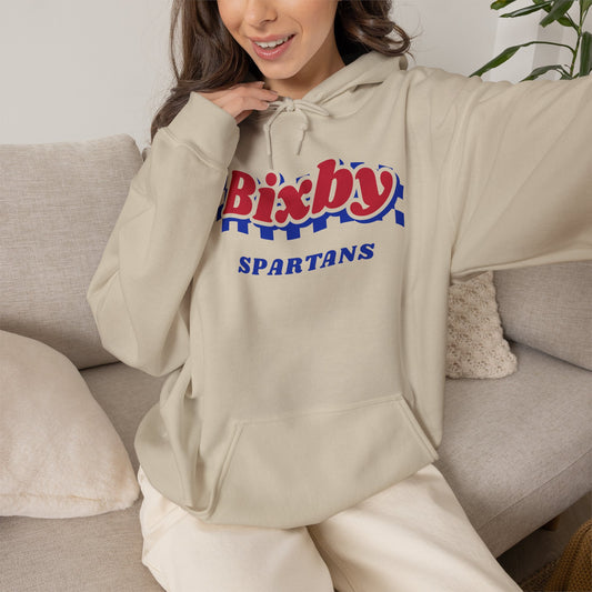 Bixby Spartans Retro Blue Checkered Script Hoodie – Vintage Game Day Hooded Sweatshirt