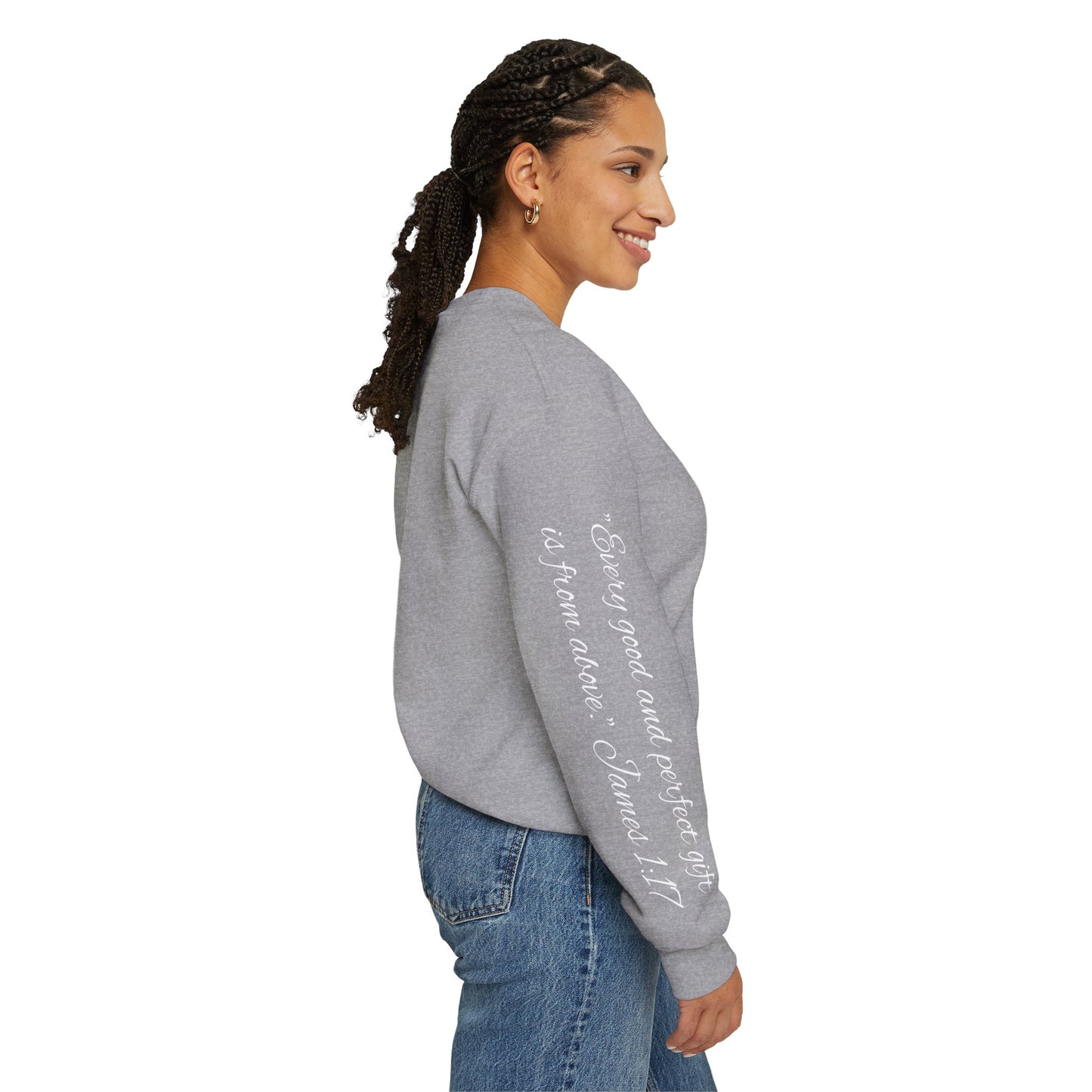 Spartan Santa Gildan Sweatshirt With James 1:17 "Every Good and Perfect Gift" Sleeve Print