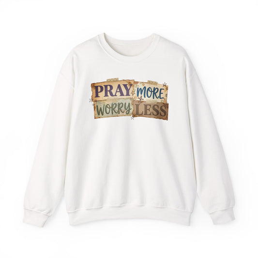 Pray More Worry Less Gildan Sweatshirt | Faith Christian Bible Verse Crewneck