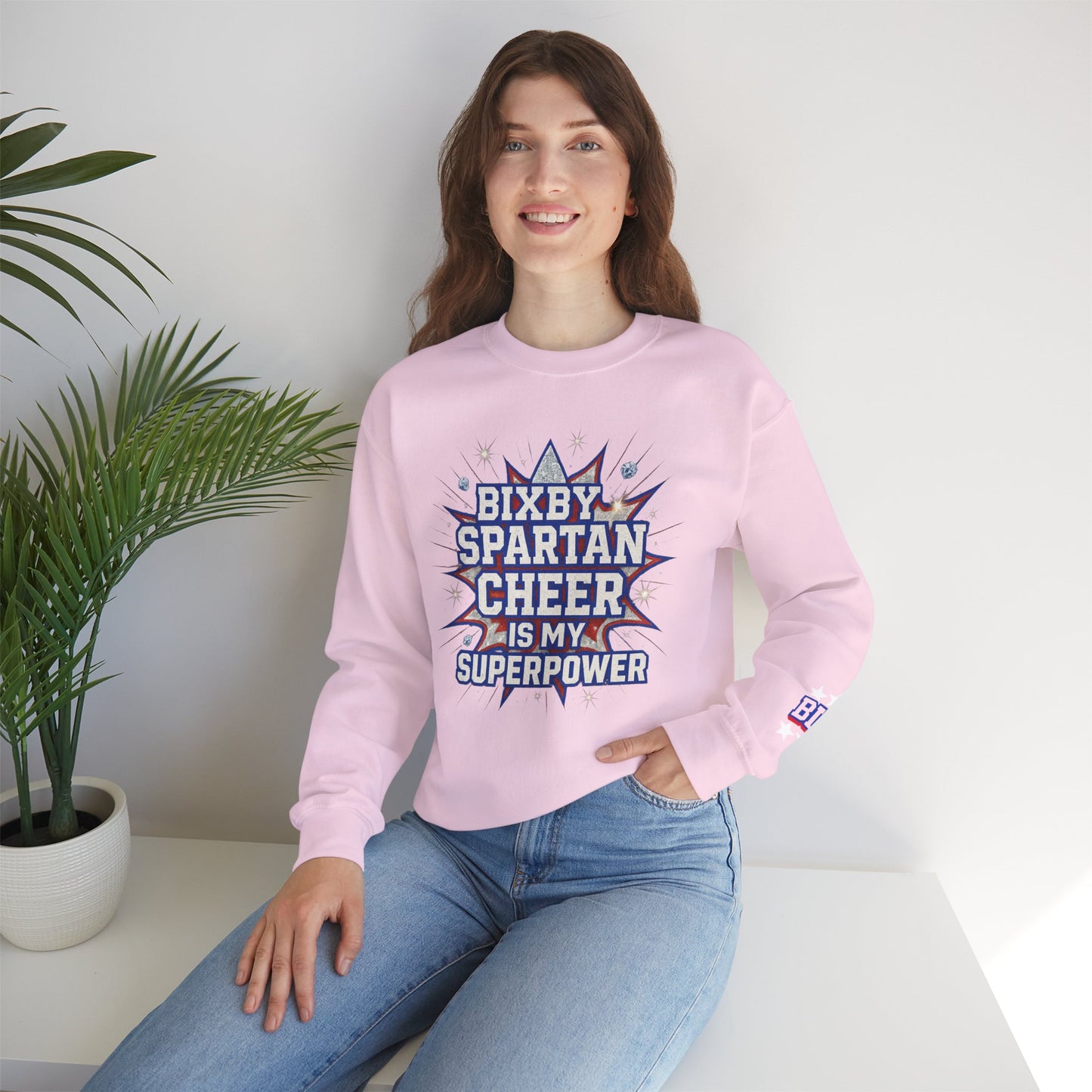 Bixby Spartan Cheer Superpower With Sleeve Print Gildan Sweatshirt
